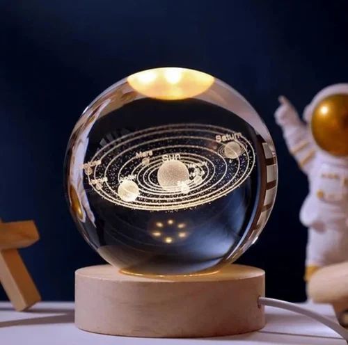 3D Solar System Crystal Ball with LED Wooden Base