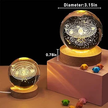 3D Solar System Crystal Ball with LED Wooden Base