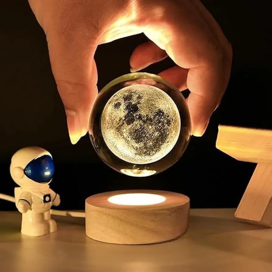 3D Moon Crystal Ball with Wooden LED Base