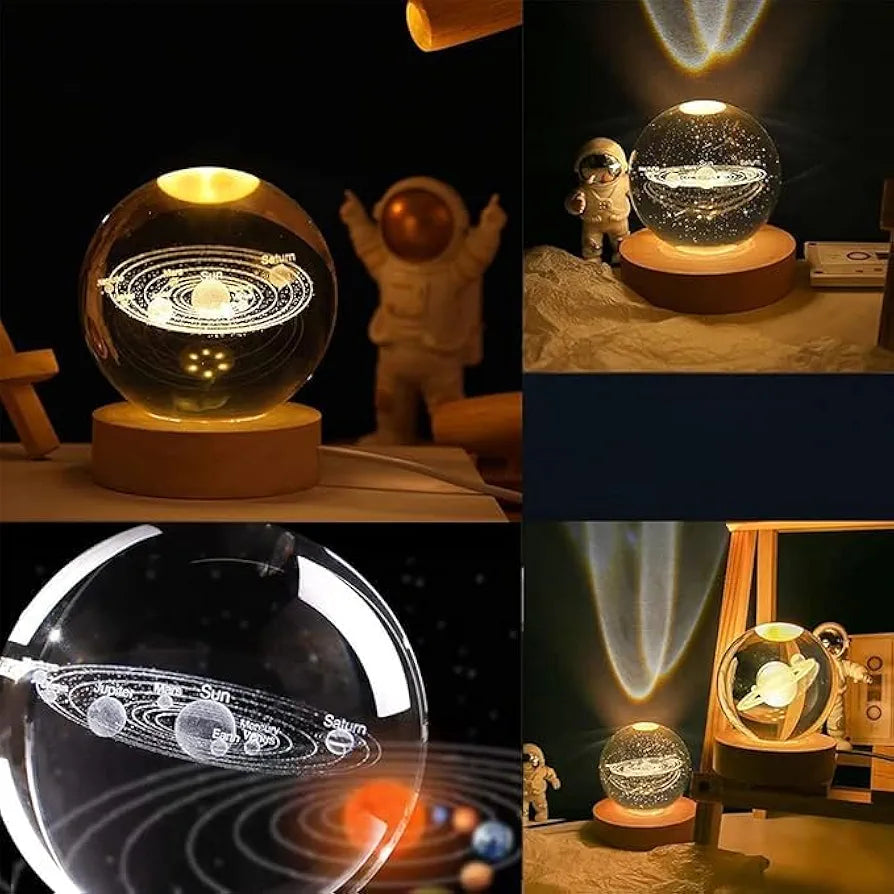 3D Solar System Crystal Ball with LED Wooden Base