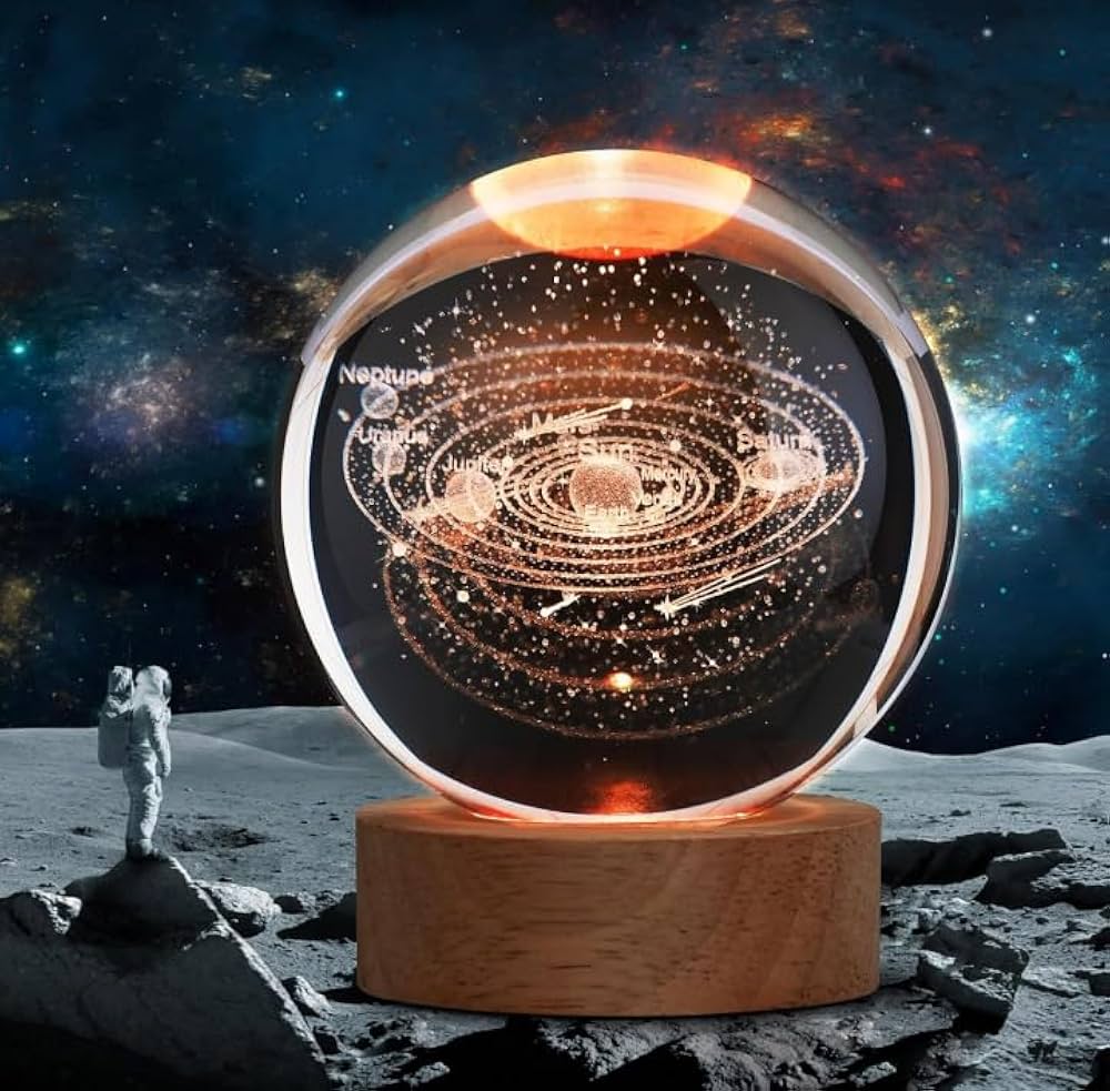 3D Solar System Crystal Ball with LED Wooden Base