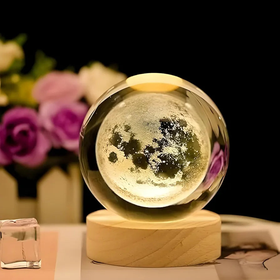 3D Moon Crystal Ball with Wooden LED Base