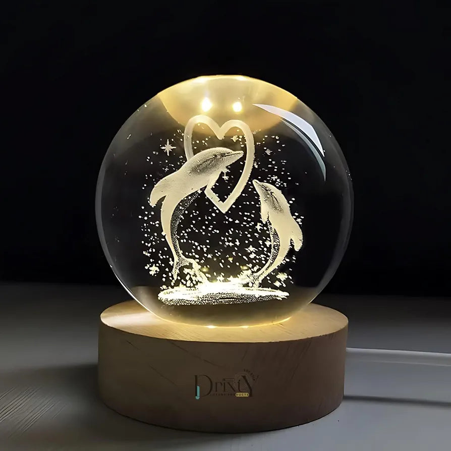 3D Crystal Dolphin LED Night Lamp with Wooden Base