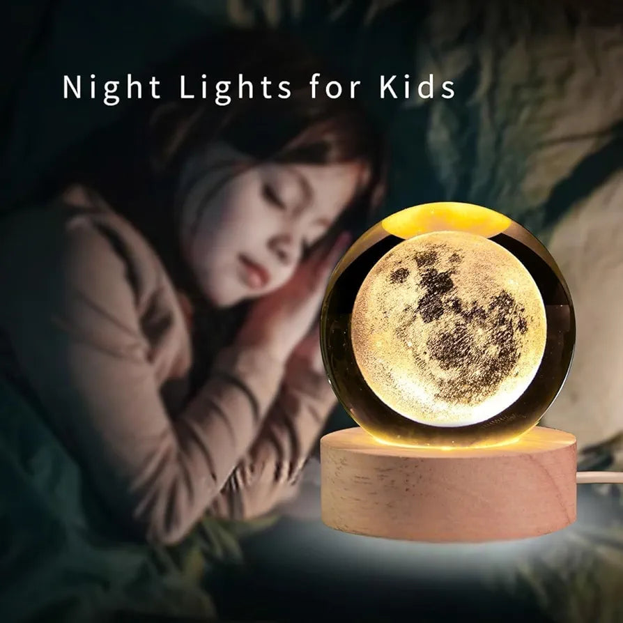 3D Moon Crystal Ball with Wooden LED Base