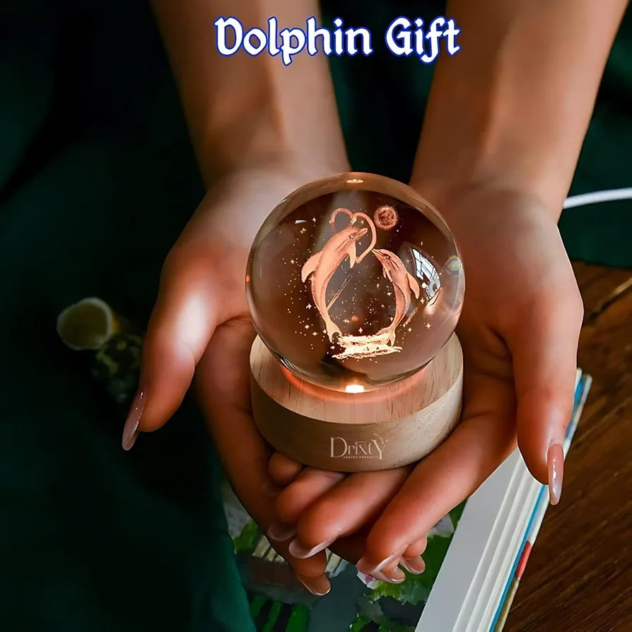 3D Crystal Dolphin LED Night Lamp with Wooden Base