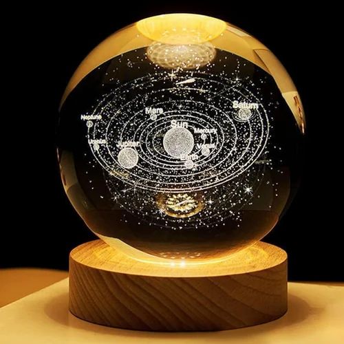3D Solar System Crystal Ball with LED Wooden Base